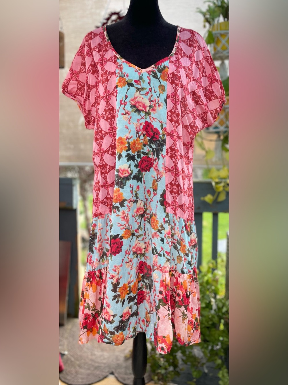 Sundance Floral Patchwork in Reds, Pinks and Blue Mini Dress/Coverup Size Large
